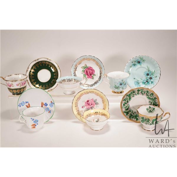 Six china teacups and saucers including Aynsley, Melba, Queen Anne, Paragon and Royal Albert