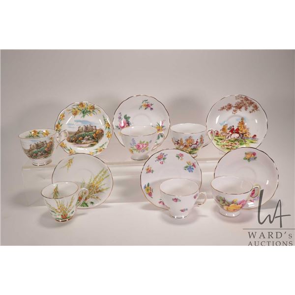 Six china teacups and saucers including Royal Kent, Roslyn, Royal Stafford, Royal Albert and Royal V