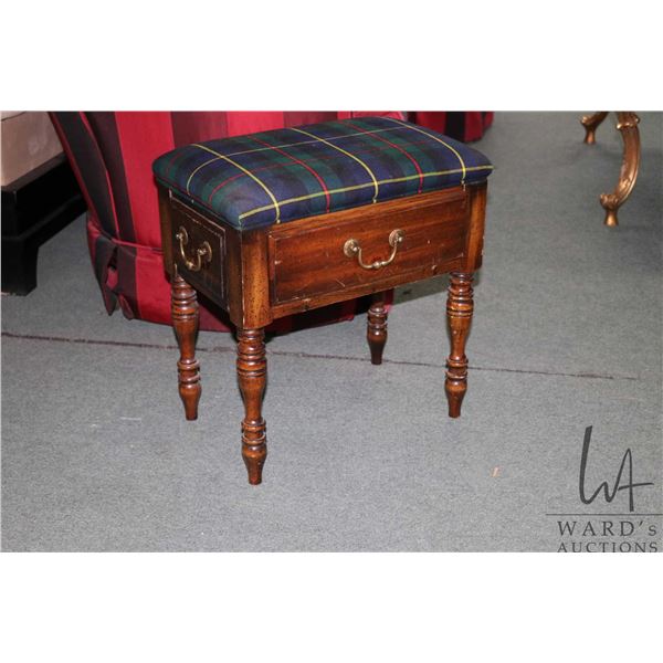 Semi contemporary small stool with single drawer and tartan upholstery, 18" H X 18" X 12"
