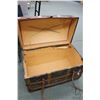 Image 3 : Antique oak and leather bound metal wrapped dome top steamer trunk, note: part of leather strap is i