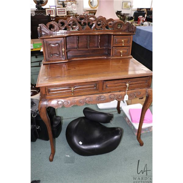 Unusual small writing desk with two drawers and galley with pigeon holes and drawers, all fitted wit