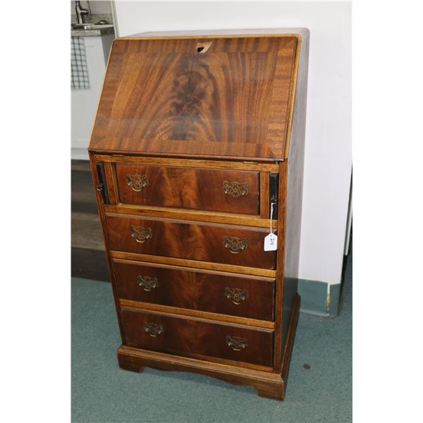 Small matched grain mahogany, fall front bureau with four drawers and fitted interior. Note: fall fr