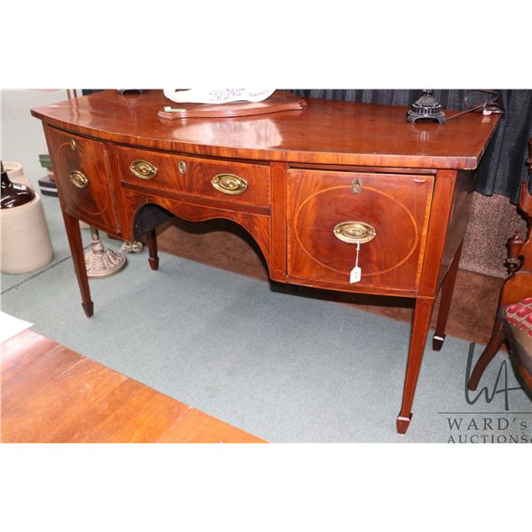 Antique Regency style three drawer sideboard with flame mahogany finish and inlaid banding, 36" H X 
