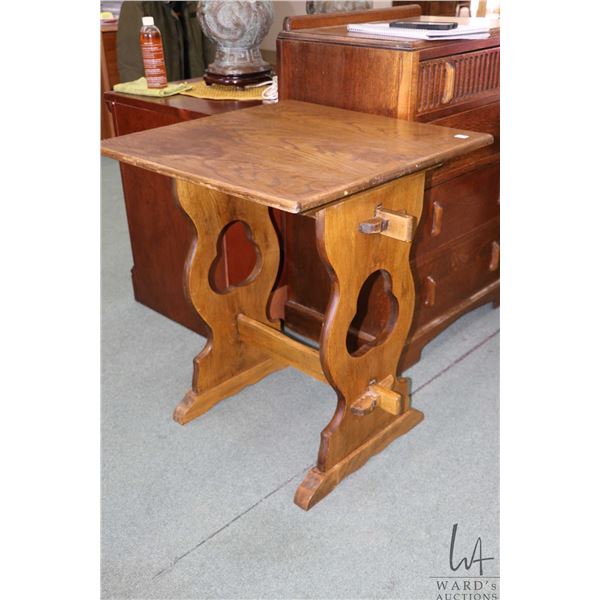 Antique occasional table with fretwork pedestals and stretchers held in place by wedges, note: one w