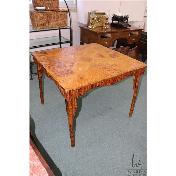 Antique Chinoserie style bamboo card table with parquet design top, 29" H X 36" square