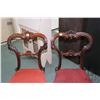 Image 2 : Pair of matching antique Victorian balloon back chairs with scroll supports, carved backs and uphols