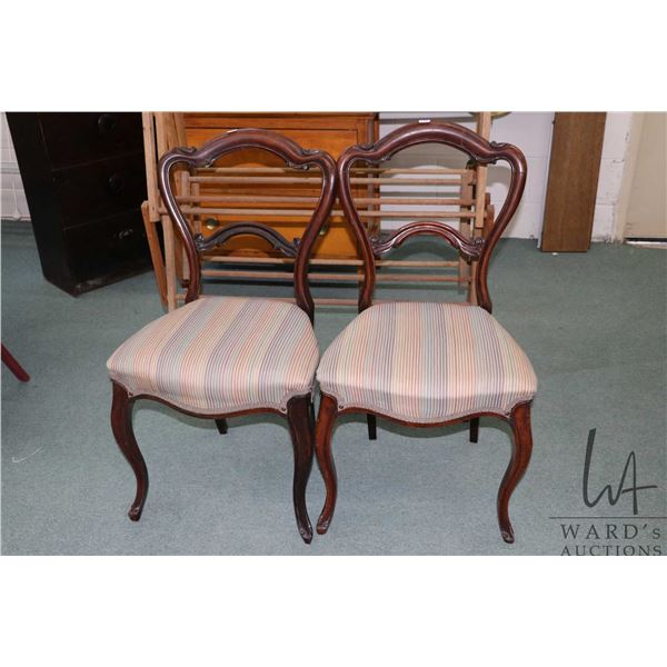 Pair of antique Victorian balloon back chair with curved supports and upholstered seats