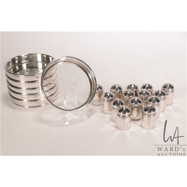 6 Birks Sterling silver and glass coaster and 7 sets of sterling silver salt and pepper shakers