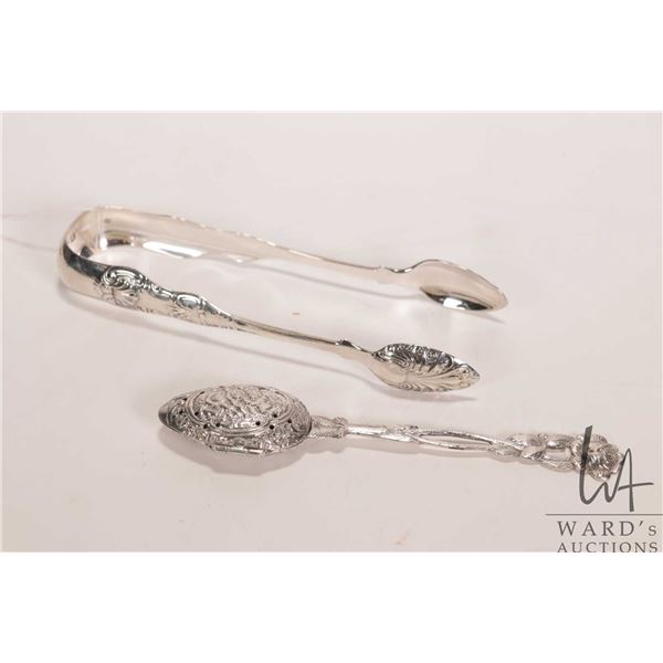 Early victorian sterling silver sugar tongs marked Birmingham, and a sterling silver tea diffuser