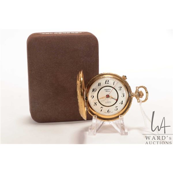 Arnex Alarm swiss made 17 jewel Incabloc pocket watch in gold filled case with white dial, Arabic nu