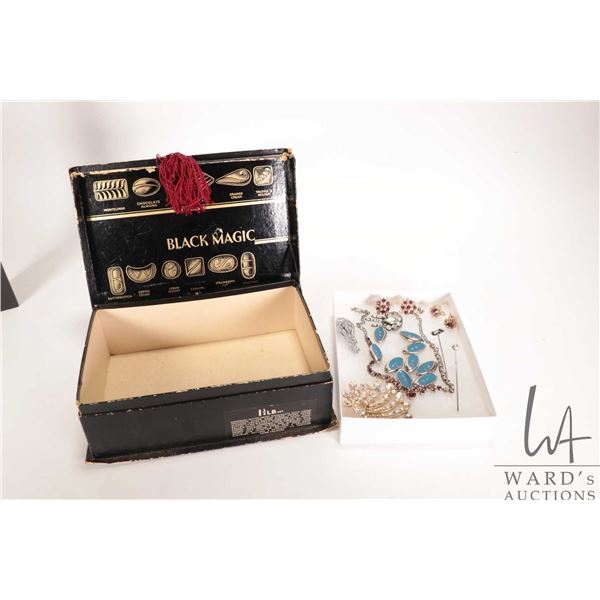 Selection of antique costume jewellery and buttons including aurora borealis brooch, earrings