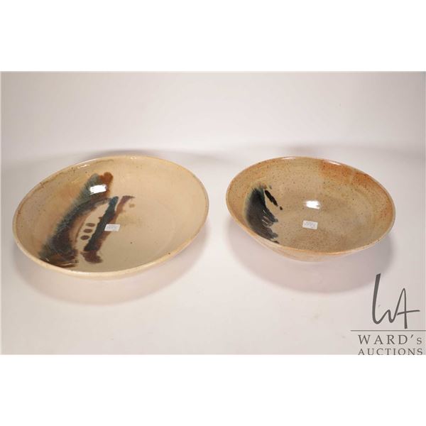 Two artisan made pottery bowls by L. Kosteriva ( Creech' s Lakeland Pottery Guide) including 13" and