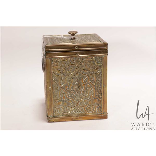 Antique Victorian brass ship's motif tea caddy 5 1/4" X 4" X 4"