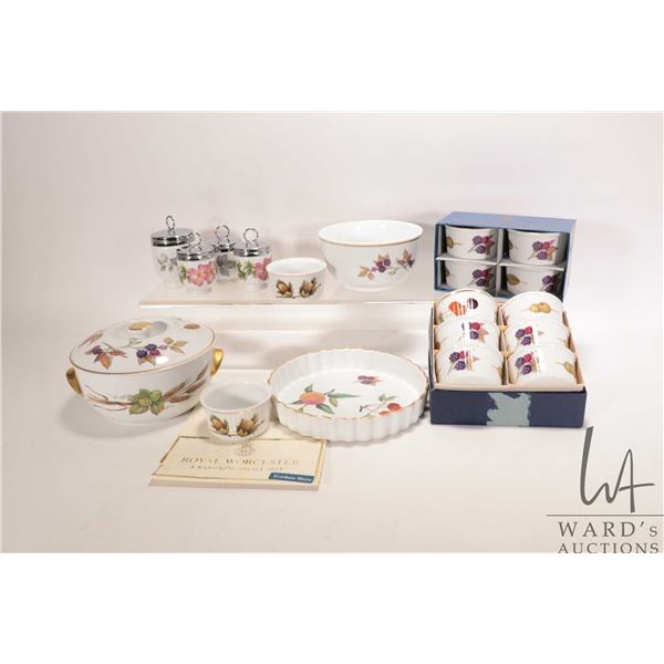 Selection of Evesham pottery including six each of medium and six small ramekins, small lidded casse