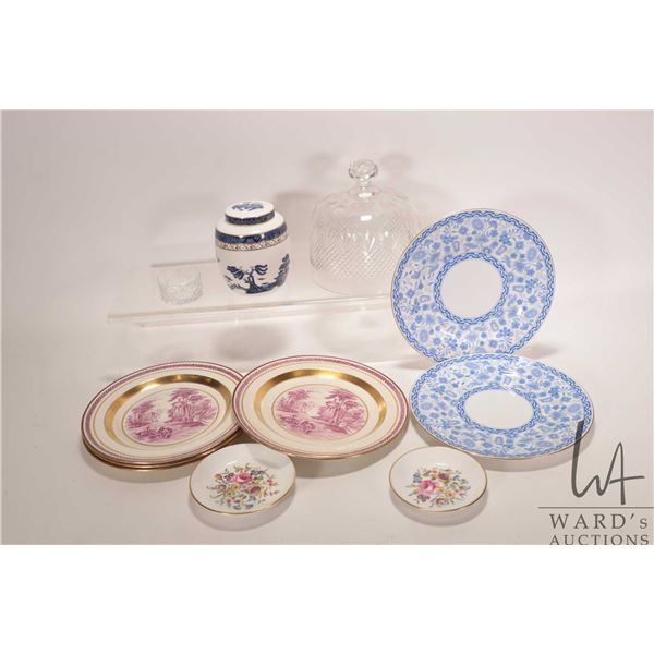 Tray lot of vintage china collectibles including four Wedgwood Etruria 8 1/4" plates, two Royal Crow