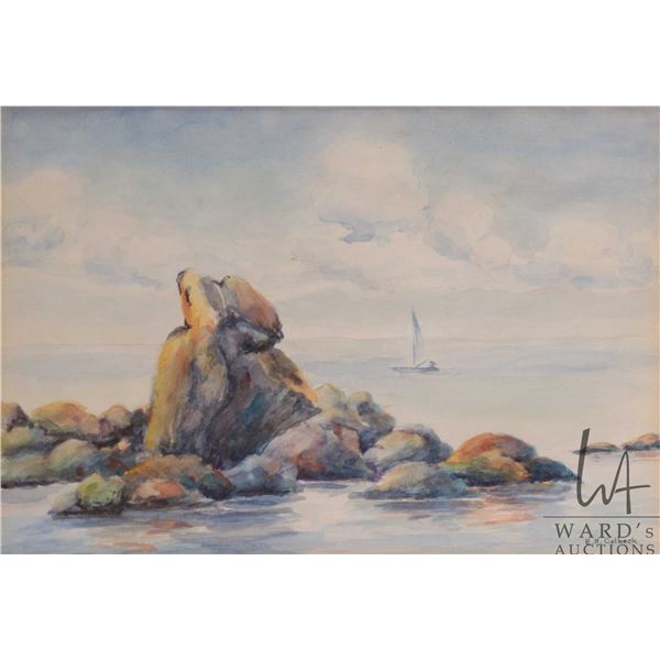 Edna Honeyford Colbeck ( 1892-1977) framed original watercolour painting of sailboat as seen from th