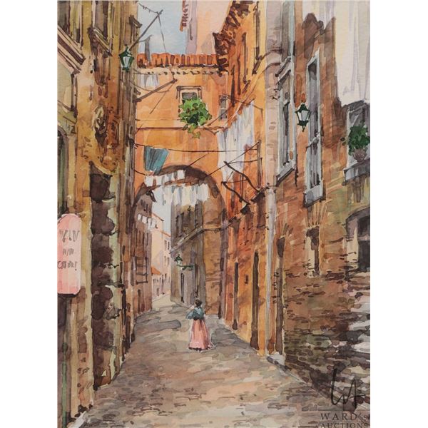 Igor Sava Roma, hand painted watercolour painting of a Venetian street scene, artist signed and date