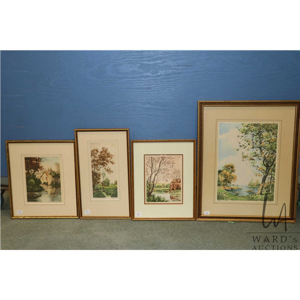 Four vintage/ antique framed etched print landscape scenes including "The Rivulet" by Boyer, "Le Pas