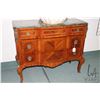 Image 1 : Antique French satin wood three drawer dresser with ormolu decoration and pulls and green marble top
