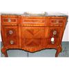 Image 4 : Antique French satin wood three drawer dresser with ormolu decoration and pulls and green marble top