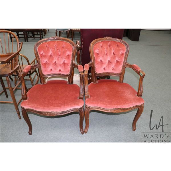Pair of vintage French Provincial style open arm chair with carved show wood and tufted upholstered 