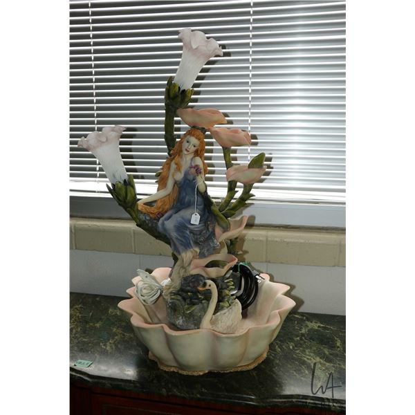 Cast resin Nouveau style water fountain with two lights, working at time of cataloguing