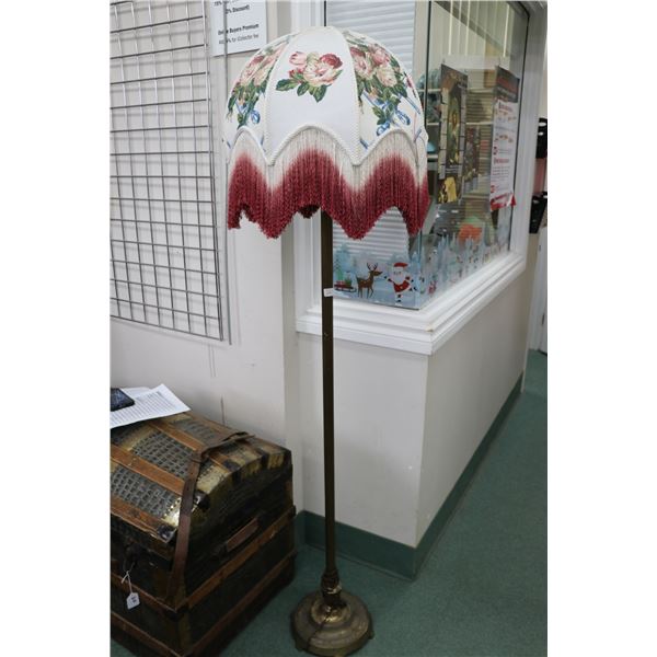 Depression era torche lamp stand with diffuser style milk glass shade plus a homemade cloth shade