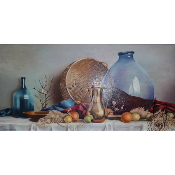 A. Mitchell Miller, framed oil on board still-life painting of fruits, flowers and vessels, signed b