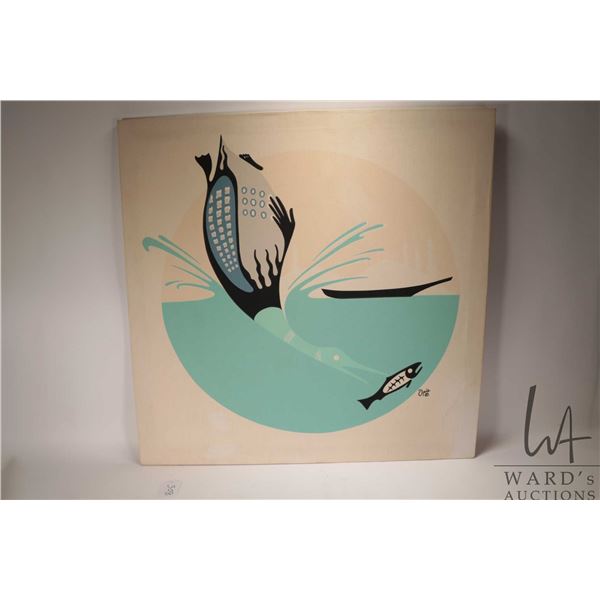 Opie Oppenhein, stretcher framed silk screen print of a loon catching a fish, 32" square