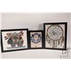 Image 1 : Three small Indigenous theme needleworks including dream catcher 11" X 9", bear 9" X 11" and a buffa