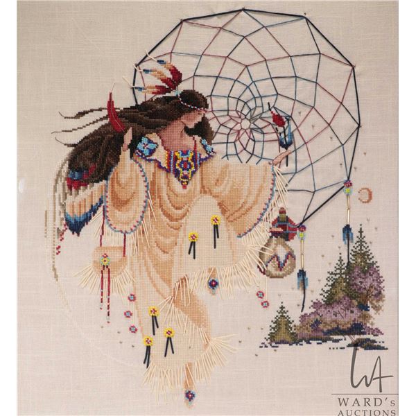 Framed needle and beadwork picture of a Indigenous woman and dream catcher, overall dimensions inclu