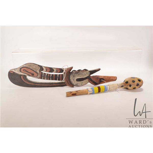 Hand painted east African cedar flute stopper and a rattle