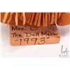 Image 2 : Mrs. B The Dollmarker, hand made doll in buck skin clothing on wooden plinth, dated 1993, 16" in hei