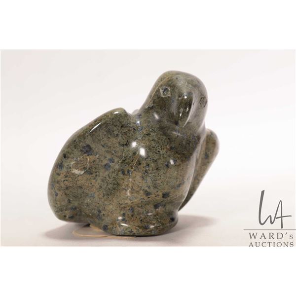 Pio Kopak, Repulse Bay, Inuit soapstone carved bird with Canada Eskimo Art label, no. 99085682, 3 1/