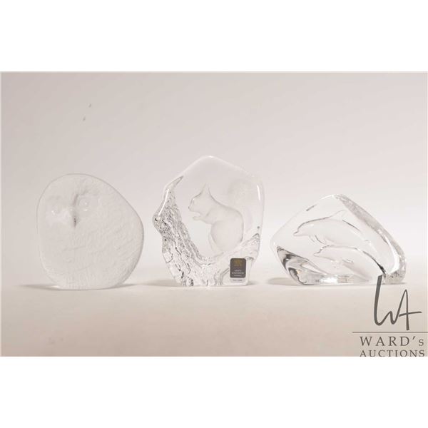 Mat Jonnason, three hand signed crystal sculptures including 4 1/2" squirrel, a pair of dolphins and