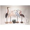 Image 1 : Four wooden carved cranes, ranging from 15"-21" in height plus a carved Zimbabwe stone elephant and 
