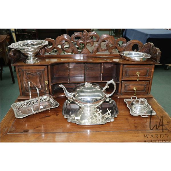 Selection of vintage silver plate including melon teapot with figural top, footed salver, pierced fo