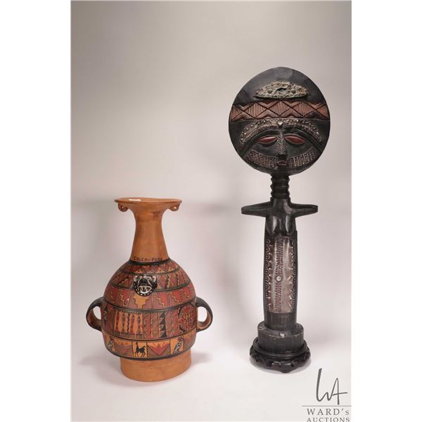 12" ceramic Urpu Inca style hand painted jaguar motif Aryballos storage jar and an Akuaba wood and t