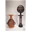 Image 1 : 12" ceramic Urpu Inca style hand painted jaguar motif Aryballos storage jar and an Akuaba wood and t