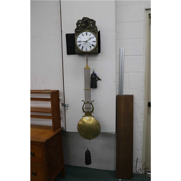 Antique French Caumiel frieres au mas d'Agenais counter weight driven chiming wall clock with 40" pe