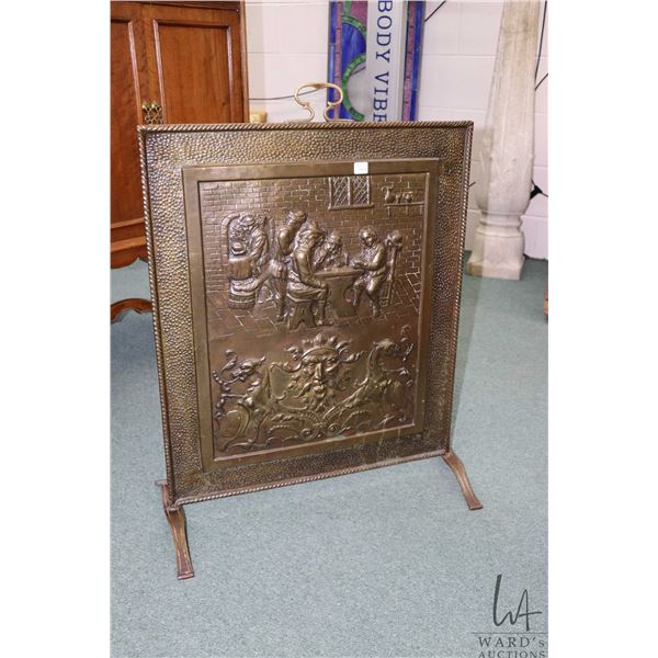 Vintage/ antique bas relief firescreen with tavern scene and Green Man and Griffons, 27" X 23" panel