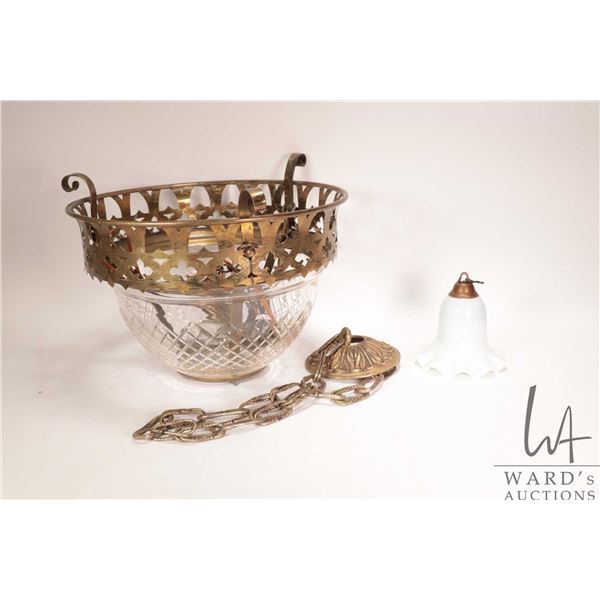 Vintage/ antique brass and molded glass ceiling fixture and a milk glass decorative bell shaped lamp