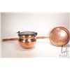 Image 1 : Vintage copper bed warmer with 30" wooden handle and a vintage copper pot, 9-1/2" wide, 8" tall