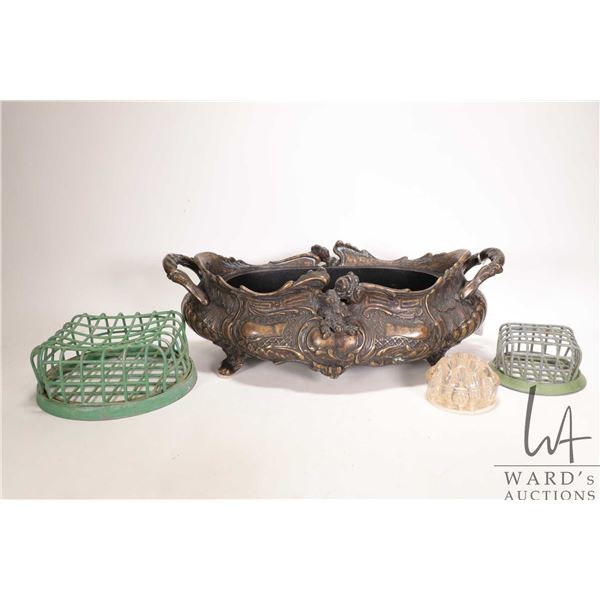 Vintage Cast Brass French Style Planter 17" long, 5-1/2" tall, with metal insert tray, plus 2 vintag