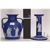 Image 10 : Two Pieces of Cobalt Blue Wedgwood Jasperware including 6" candle stick and a 6" Portland Vase