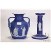 Image 1 : Two Pieces of Cobalt Blue Wedgwood Jasperware including 6" candle stick and a 6" Portland Vase