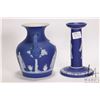 Image 2 : Two Pieces of Cobalt Blue Wedgwood Jasperware including 6" candle stick and a 6" Portland Vase