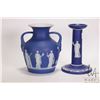 Image 4 : Two Pieces of Cobalt Blue Wedgwood Jasperware including 6" candle stick and a 6" Portland Vase