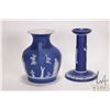 Image 5 : Two Pieces of Cobalt Blue Wedgwood Jasperware including 6" candle stick and a 6" Portland Vase