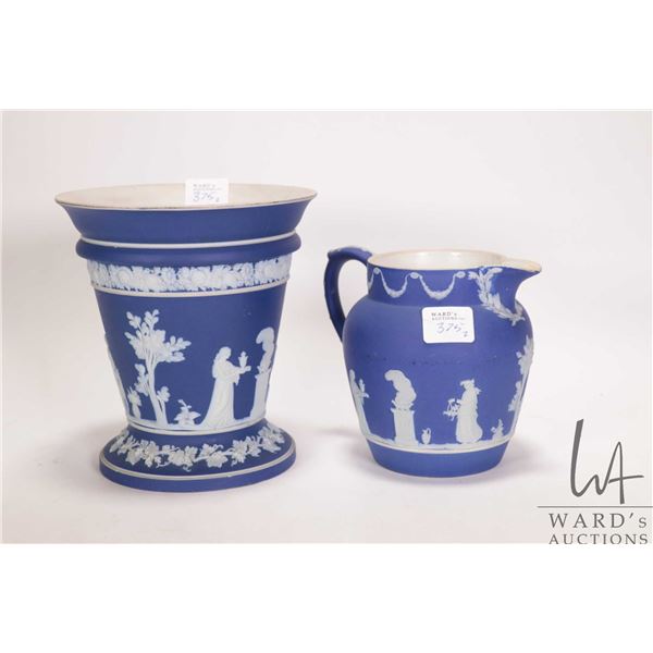 2 Pieces of Cobalt Blue Wedgwood Jasperware including 6" plant pot and a 4-1/2" water jug